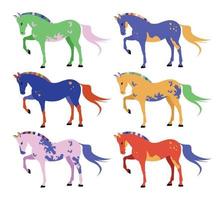 Collection of different color horses isolated on white background. Set of magnificent domestic horses. Colorful flat cartoon style illustration vector