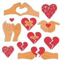 Red broken heart, broken heart in hands illustration set. Concept of friendship and trust vector