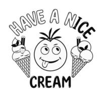 Funny monochrome label with ice cream cones, crazy emoji boy, text Have an Ice Cream. Simple minimal style. White background. For prints, clothing, t shirt, surface design vector