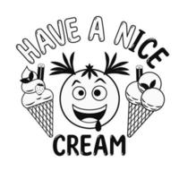 Funny monochrome label with ice cream cones, crazy emoji boy, text Have an Ice Cream. Simple minimal style, white background. For prints, clothing, t shirt, surface design vector