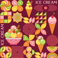 Seamless pattern with ice cream, abstract geometric shapes, text. Mosaic simple minimal style. For prints, clothing, surface design vector