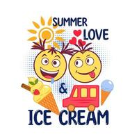 Funny colorful label with ice cream cone, food truck, crazy emoji love couple, text Love, Summer, Ice Cream, round halftone shapes. Simple minimal style. For prints, clothing, t shirt design vector
