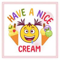 Funny colorful label with ice cream cones, crazy emoji boy, text Have an Ice Cream, round halftone shapes. Simple minimal style, white background. For prints, clothing, t shirt, surface design vector