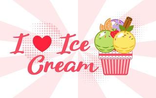 Colorful label with ice cream scoops, text I love Ice Cream, halftone shapes, radial background. Simple minimal style. For prints, clothing, t shirt, surface design vector