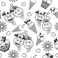 Funny monochrome pattern with ice cream, crazy emoji love couple, sun icon, hearts. Simple minimal style. For prints, clothing, t shirt design vector