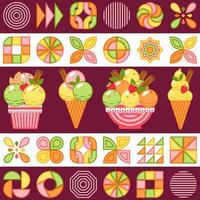 Seamless pattern with ice cream, abstract geometric shapes. Horizontal striped background. Mosaic simple minimal style. For prints, clothing, surface design, kitchen decoration. vector