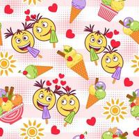 Funny colorful pattern with ice cream, crazy emoji love couple, sun icon, halftone shapes, hearts. Simple minimal style. For prints, clothing, t shirt design vector