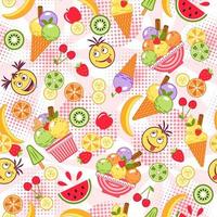 Funny colorful pattern with ice cream, fruits, crazy emoji kids, round halftone shapes, radial background. Simple minimal style. For prints, clothing, surface design vector