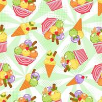 Funny pattern with different ice cream, round halftone shapes, radial green background. Simple minimal style. For prints, clothing, surface design vector