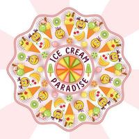 Round ornament with ice cream, fruits, crazy emoji kids, round halftone shapes, text Ice Cream Paradise. Radial background behind. Simple minimal style. For prints, clothing, surface design vector