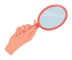 Human hand holding a mirror. Vector isolated flat illustration.