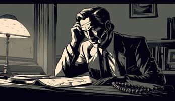 Cartoon Image of a Businessman Sitting at His Office Desk, Talking on the Phone, Taking Notes or Signing Documents, Depicting a Busy Work Environment. photo