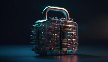 Digital padlock safeguards circuitry, epitomizing cyber security. photo