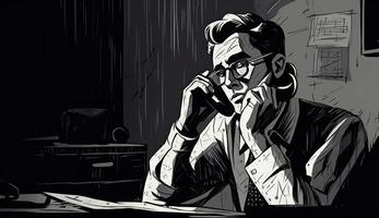 Cartoon Image of a Businessman Sitting at His Office Desk, Talking on the Phone, Taking Notes or Signing Documents, Depicting a Busy Work Environment. photo