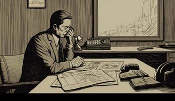 Cartoon Image of a Businessman Sitting at His Office Desk, Talking on the Phone, Taking Notes or Signing Documents, Depicting a Busy Work Environment. photo