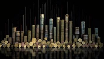 City lights shimmer behind towering coin stacks, symbolizing wealth and finance. photo