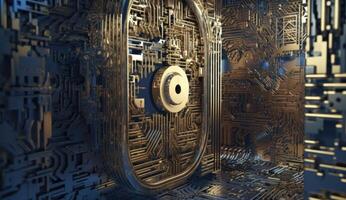 Digital padlock safeguards circuitry, epitomizing cyber security. photo