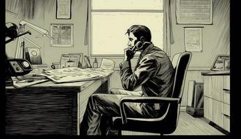 Cartoon Image of a Businessman Sitting at His Office Desk, Talking on the Phone, Taking Notes or Signing Documents, Depicting a Busy Work Environment. photo