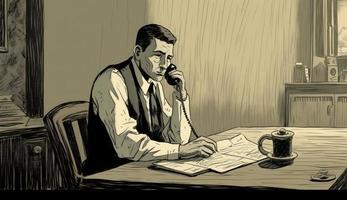 Cartoon Image of a Businessman Sitting at His Office Desk, Talking on the Phone, Taking Notes or Signing Documents, Depicting a Busy Work Environment. photo