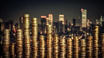 City lights shimmer behind towering coin stacks, symbolizing wealth and finance. photo