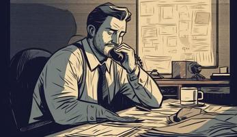 Cartoon Image of a Businessman Sitting at His Office Desk, Talking on the Phone, Taking Notes or Signing Documents, Depicting a Busy Work Environment. photo