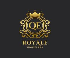 Golden Letter QE template logo Luxury gold letter with crown. Monogram alphabet . Beautiful royal initials letter. vector