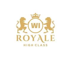 Golden Letter WI template logo Luxury gold letter with crown. Monogram alphabet . Beautiful royal initials letter. vector