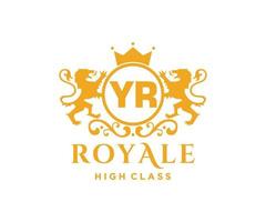 Golden Letter YR template logo Luxury gold letter with crown. Monogram alphabet . Beautiful royal initials letter. vector