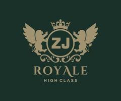 Golden Letter ZJ template logo Luxury gold letter with crown. Monogram alphabet . Beautiful royal initials letter. vector