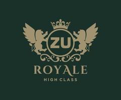 Golden Letter ZU template logo Luxury gold letter with crown. Monogram alphabet . Beautiful royal initials letter. vector