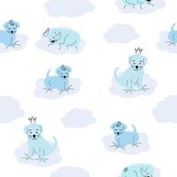 Cute sleeping puppy, clouds, stars, crown, butterflies Seamless pattern. Gentle colors. For newborns vector