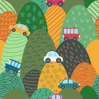 Cute cars, hills baby Seamless pattern. childish prints for fabric, textile, wrapping paper, apparel, nursery. vector