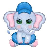 Cute cartoon elephant, children's character in a swimming circle and panama hat, summer, vacation, beach vector