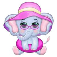 Cute cartoon elephant, children's character in a swimming circle and panama hat, summer, vacation, beach vector