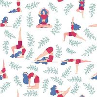 Yoga seamless pattern woman is engaged. Yoga poses, lotus, monstera. Health of mind and body vector