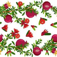 Pomegranate branches with fruits and flowers Seamless pattern. Bright leaves and fruits. Jewish New Year vector