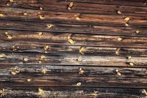 The wall of a building or house of old cracked logs. The surface with wooden boards. Old village barn or warehouse. photo