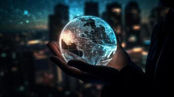 Man hand holds an electronic globe while looking at the city. Illustration photo