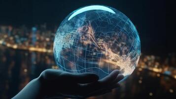 Man hand holds an electronic globe while looking at the city. Illustration photo