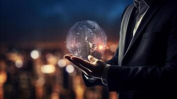 Man hand holds an electronic globe while looking at the city. Illustration photo