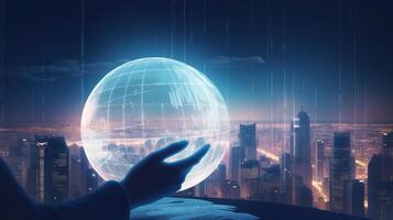 Man hand holds an electronic globe while looking at the city. Illustration photo