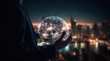 Man hand holds an electronic globe while looking at the city. Illustration photo