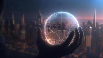 Man hand holds an electronic globe while looking at the city. Illustration photo