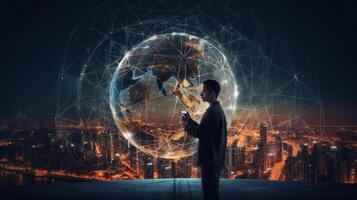 Man hand holds an electronic globe while looking at the city. Illustration photo