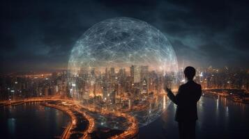 Man hand holds an electronic globe while looking at the city. Illustration photo