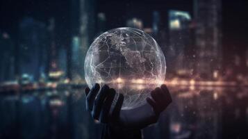 Man hand holds an electronic globe while looking at the city. Illustration photo