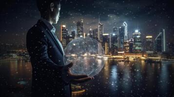 Man hand holds an electronic globe while looking at the city. Illustration photo