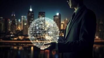 Man hand holds an electronic globe while looking at the city. Illustration photo