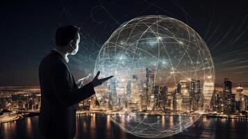 Man hand holds an electronic globe while looking at the city. Illustration photo