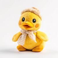 linda amarillo Pato animal felpa juguete blanco antecedentes animal muñeca con generativo ai foto